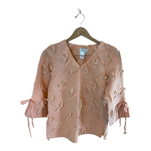 Tru Luxe Jeans Womens Top Small Peach Fringe Textured V Neck 3/4 Sleeve Boho - Picture 3 of 6